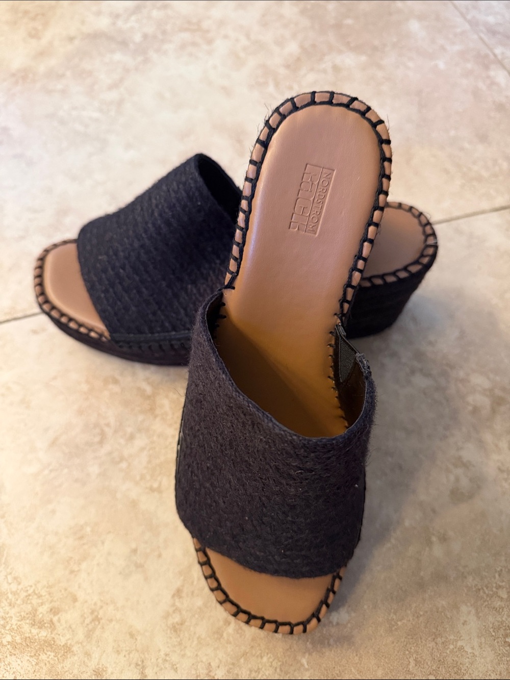 Nordstrom Black Open-Toe Wedge Mules with Tan Insole